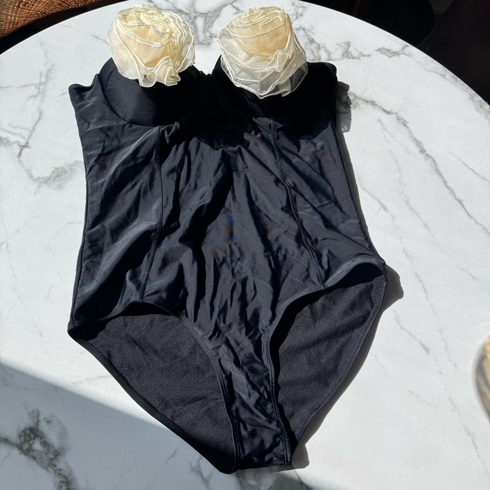 Black swimsuit with Cream Floral Accents